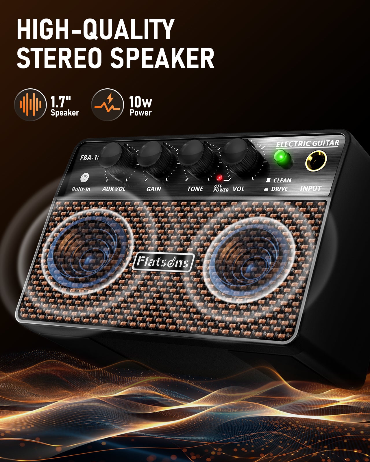 FBA-10 Guitar Amp, 10W Mini Electric Guitar Amplifier with Clean/Drive Channel, 6H Working, USB-C Rechargeable, 3.5mm Headphone/AUX Jack, Wireless Portable Amp for Indoor Practice, Small Gig