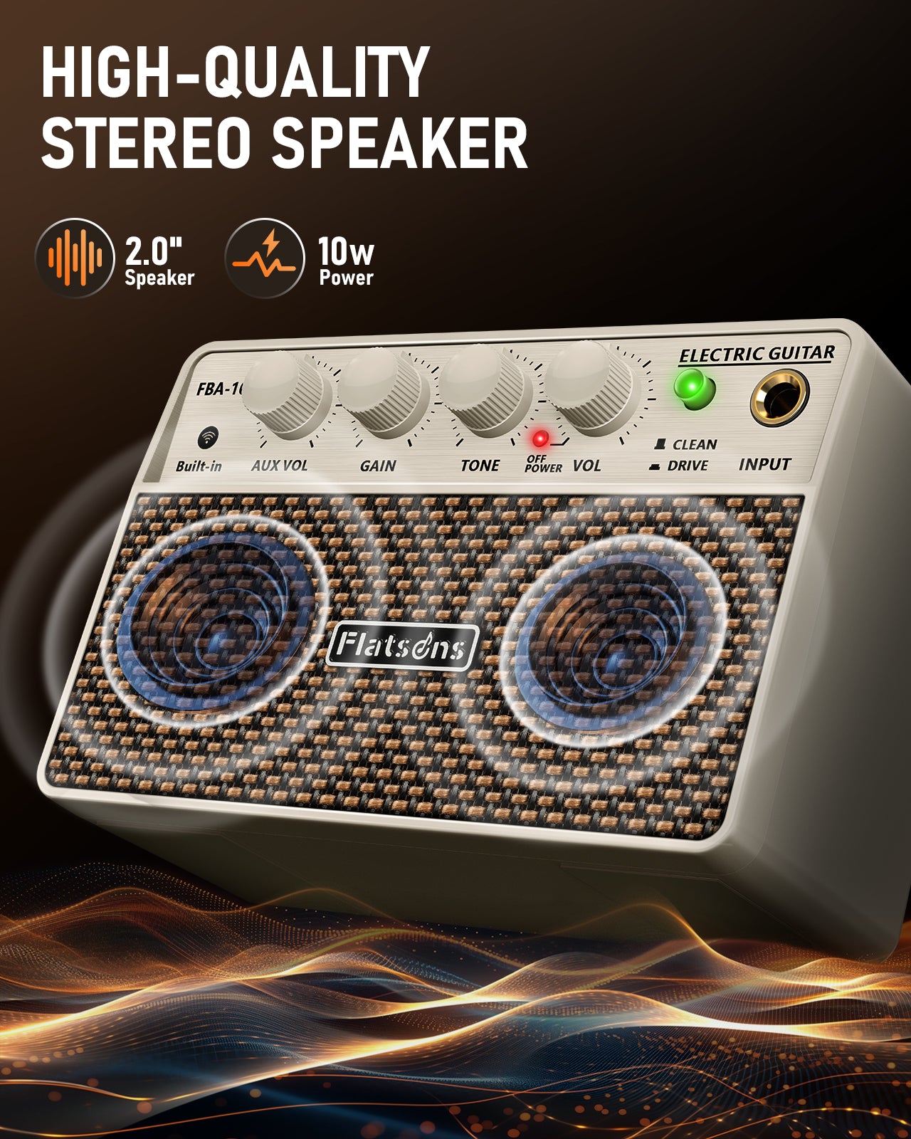 FBA-10 Mini Guitar Amp, 10W Electric Guitar Amplifier with Clean/Drive Channel, 6H Working, USB-C Rechargeable, 3.5mm Headphone/AUX Jack, Wireless Portable Amp for Practice, Traveling