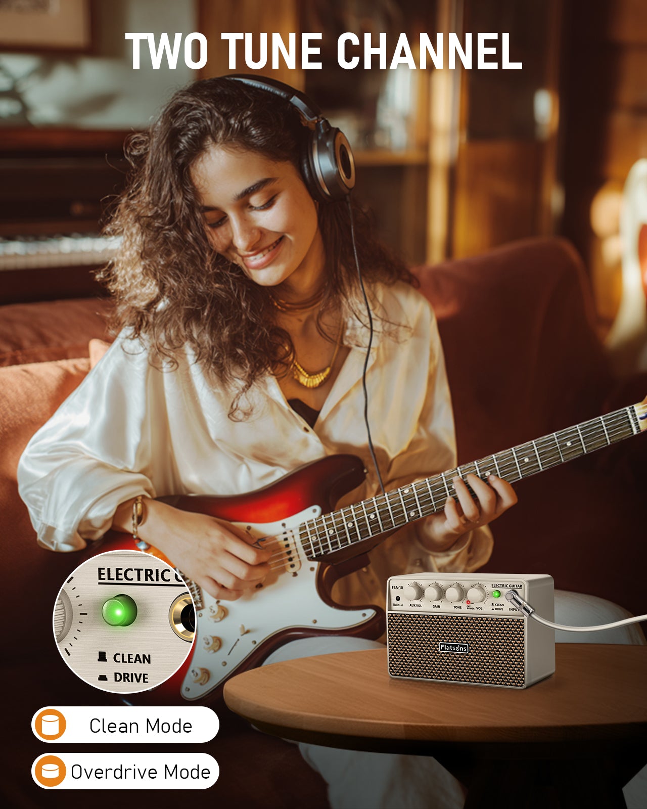 FBA-10 Mini Guitar Amp, 10W Electric Guitar Amplifier with Clean/Drive Channel, 6H Working, USB-C Rechargeable, 3.5mm Headphone/AUX Jack, Wireless Portable Amp for Practice, Traveling