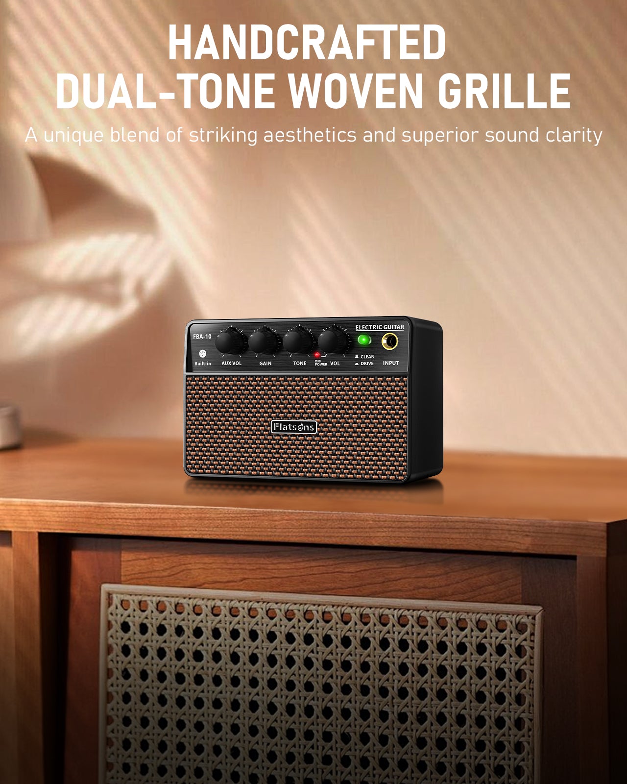 FBA-10 Guitar Amp, 10W Mini Electric Guitar Amplifier with Clean/Drive Channel, 6H Working, USB-C Rechargeable, 3.5mm Headphone/AUX Jack, Wireless Portable Amp for Indoor Practice, Small Gig