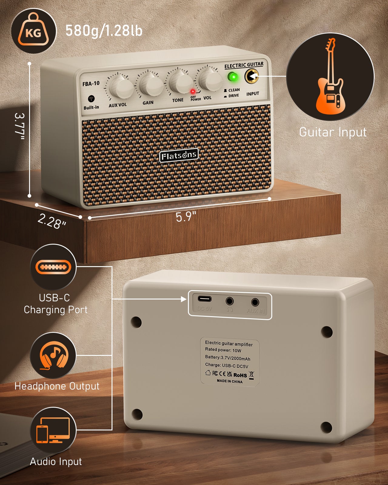 FBA-10 Mini Guitar Amp, 10W Electric Guitar Amplifier with Clean/Drive Channel, 6H Working, USB-C Rechargeable, 3.5mm Headphone/AUX Jack, Wireless Portable Amp for Practice, Traveling