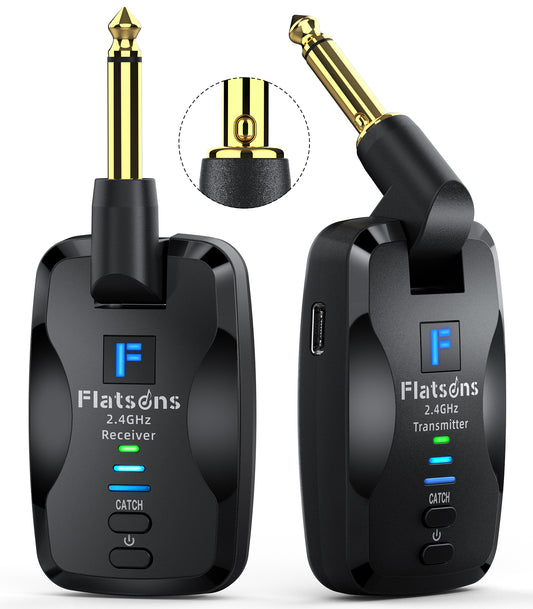 Flatsons FW2D Wireless Guitar System with Exclusive Silent Jack, 2.4GHz 6 Channels Wireless Audio Transmitter Receiver Rechargeable Type-C for Guitar, Bass, Ukulele, and Others