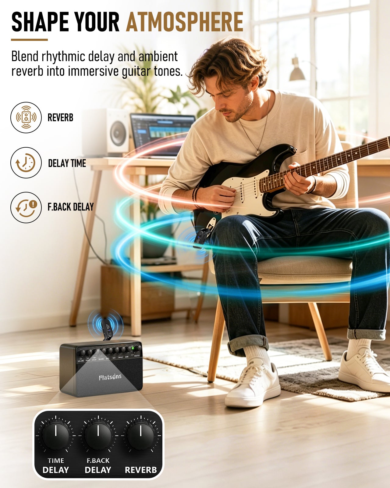 Flatsons FBA-20 Portable Electric Guitar Amp, 20W Rechargeable Desk Practice Guitar Combo Amplifier with Clean & Drive Channels, Delay Reverb EQ, OTG Recording, for Beginners, Home Use, Backyard Play