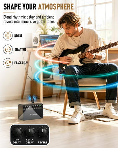 Flatsons FBA-20 Portable Electric Guitar Amp, 20W Rechargeable Desk Practice Guitar Combo Amplifier with Clean & Drive Channels, Delay Reverb EQ, OTG Recording, for Beginners, Home Use, Backyard Play