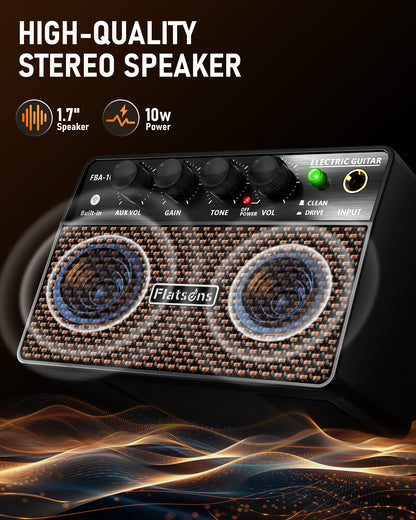 FBA-10 Guitar Amp, 10W Mini Electric Guitar Amplifier with Clean/Drive Channel, 6H Working, USB-C Rechargeable, 3.5mm Headphone/AUX Jack, Wireless Portable Amp for Indoor Practice, Small Gig