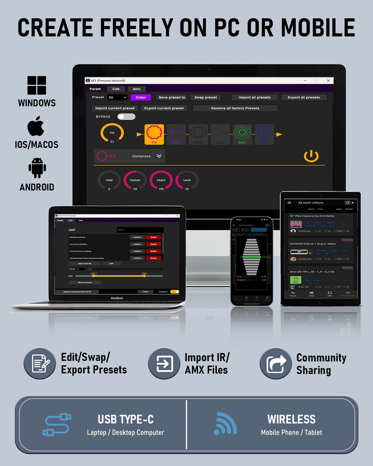 KE1 Guitar Pedal for Android/IOS, Multi Effects Pedal with 61 Effects, 20 AMP/CAB, 36 Preset Slot, IR/AMX Loader, OTG USB-C Record Loopback, Wireless Rechargeable Tuner Delay MOD Reverb Pedal