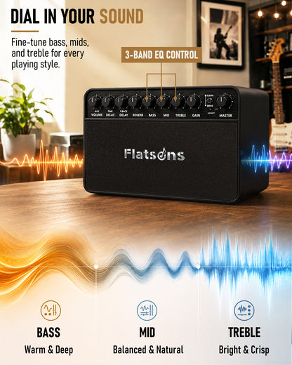 Flatsons FBA-20 Portable Electric Guitar Amp, 20W Rechargeable Desk Practice Guitar Combo Amplifier with Clean & Drive Channels, Delay Reverb EQ, OTG Recording, for Beginners, Home Use, Backyard Play