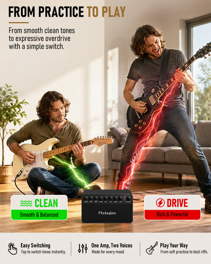 Flatsons FBA-20 Portable Electric Guitar Amp, 20W Rechargeable Desk Practice Guitar Combo Amplifier with Clean & Drive Channels, Delay Reverb EQ, OTG Recording, for Beginners, Home Use, Backyard Play