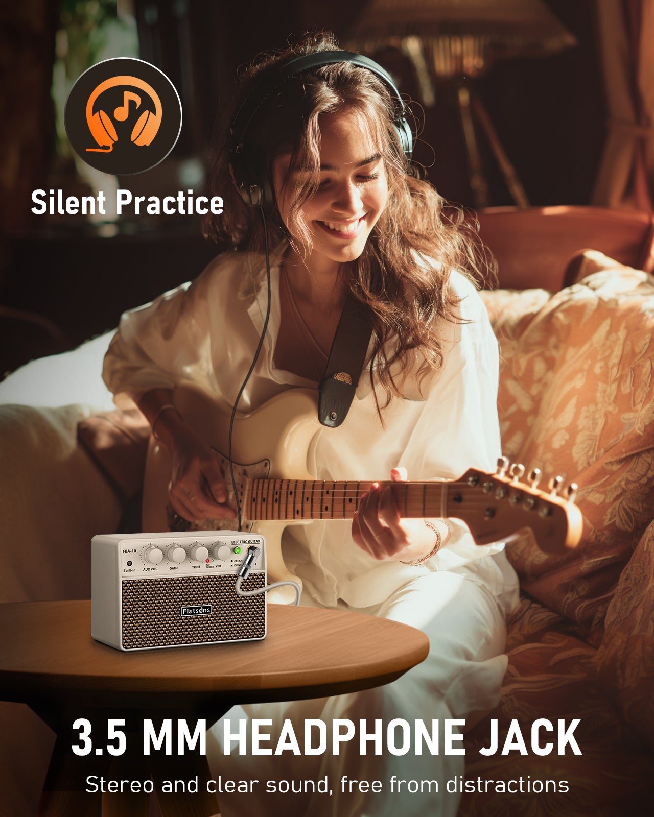 FBA-10 Mini Guitar Amp, 10W Electric Guitar Amplifier with Clean/Drive Channel, 6H Working, USB-C Rechargeable, 3.5mm Headphone/AUX Jack, Wireless Portable Amp for Practice, Traveling