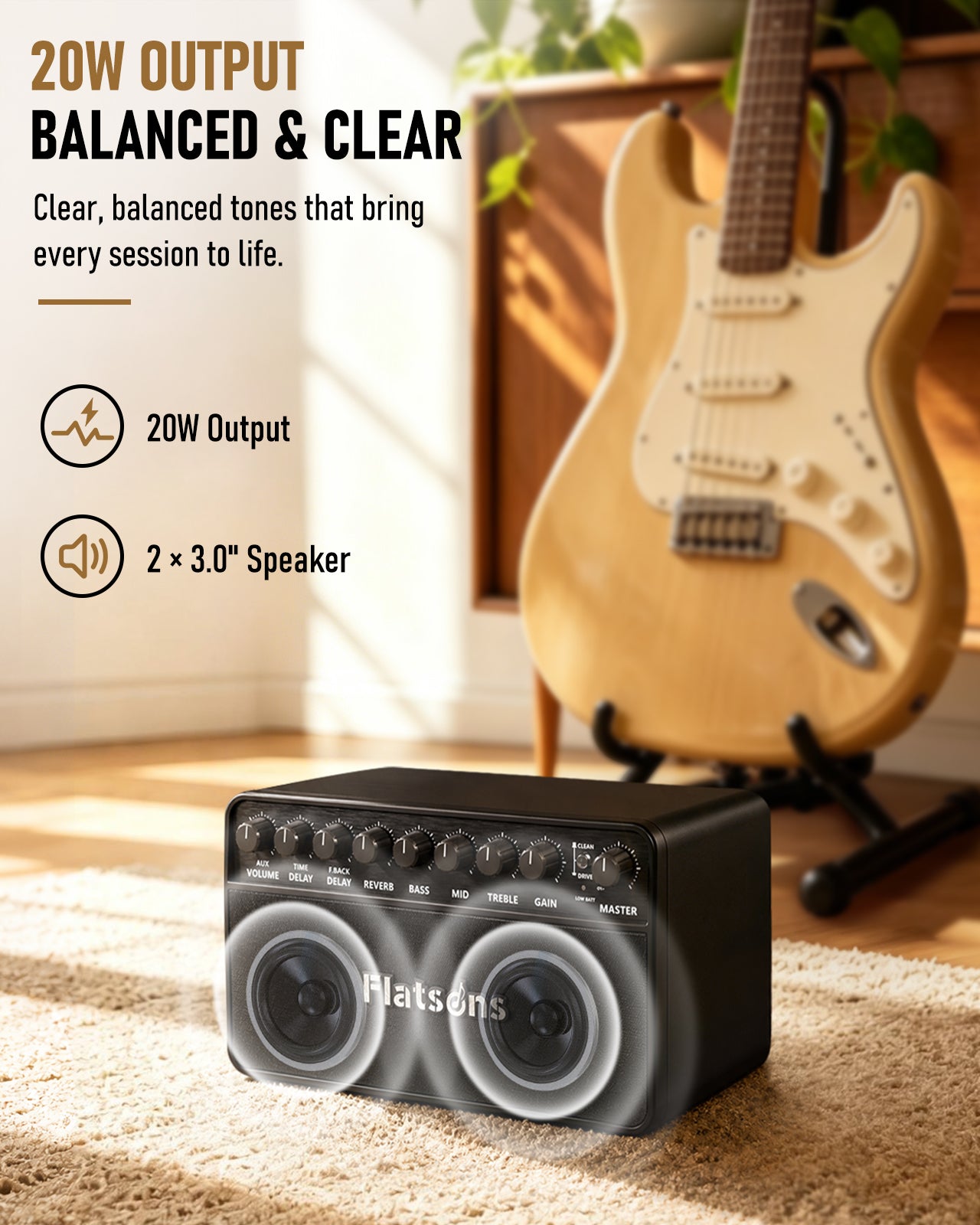 Flatsons FBA-20 Portable Electric Guitar Amp, 20W Rechargeable Desk Practice Guitar Combo Amplifier with Clean & Drive Channels, Delay Reverb EQ, OTG Recording, for Beginners, Home Use, Backyard Play