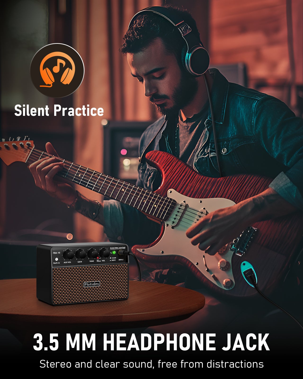FBA-10 Guitar Amp, 10W Mini Electric Guitar Amplifier with Clean/Drive Channel, 6H Working, USB-C Rechargeable, 3.5mm Headphone/AUX Jack, Wireless Portable Amp for Indoor Practice, Small Gig