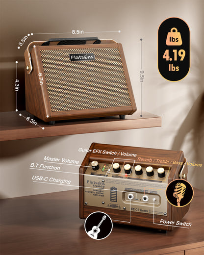 Crush20 Acoustic Guitar Amp, 20W Mic/Guitar Amplifier with Reverb, 2-Band EQ, Rechargeable 8H Battery Life, Advanced Dual-chip Wireless Portable Speaker for 6.35mm Microphone/Acoustic Guitars