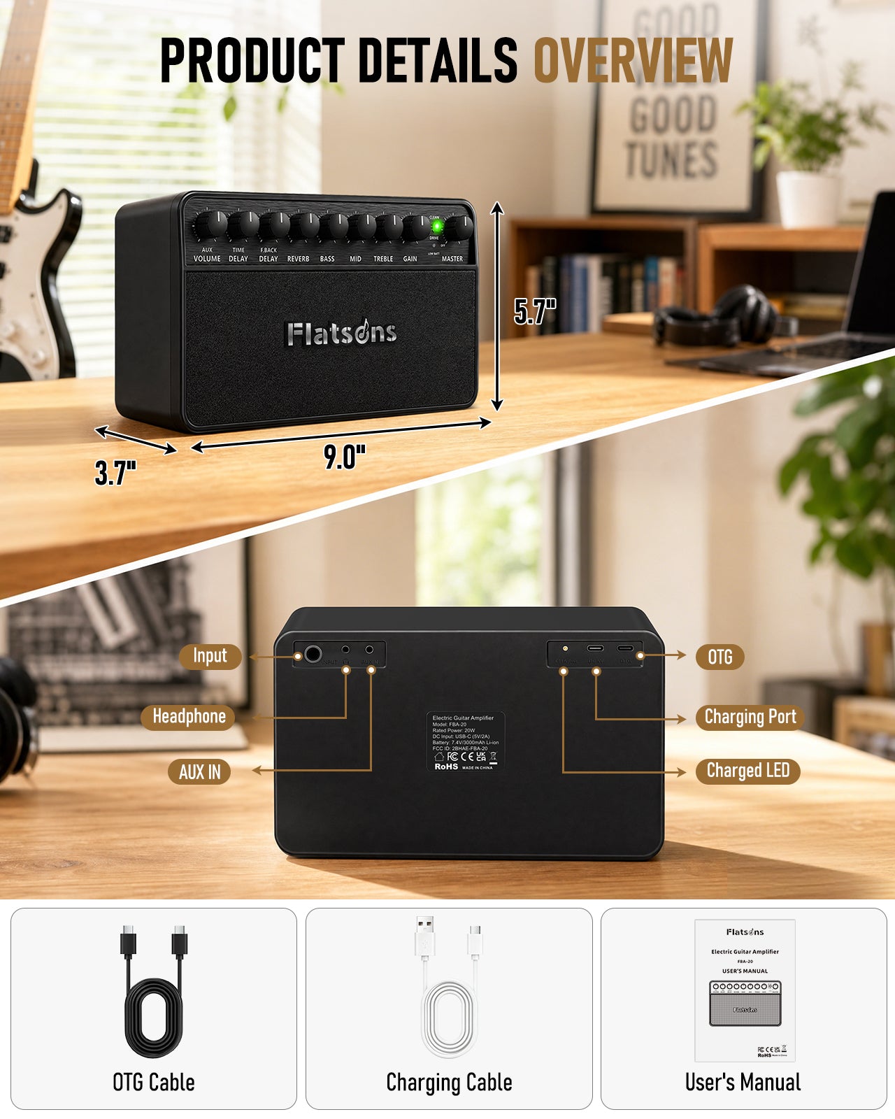 Flatsons FBA-20 Portable Electric Guitar Amp, 20W Rechargeable Desk Practice Guitar Combo Amplifier with Clean & Drive Channels, Delay Reverb EQ, OTG Recording, for Beginners, Home Use, Backyard Play