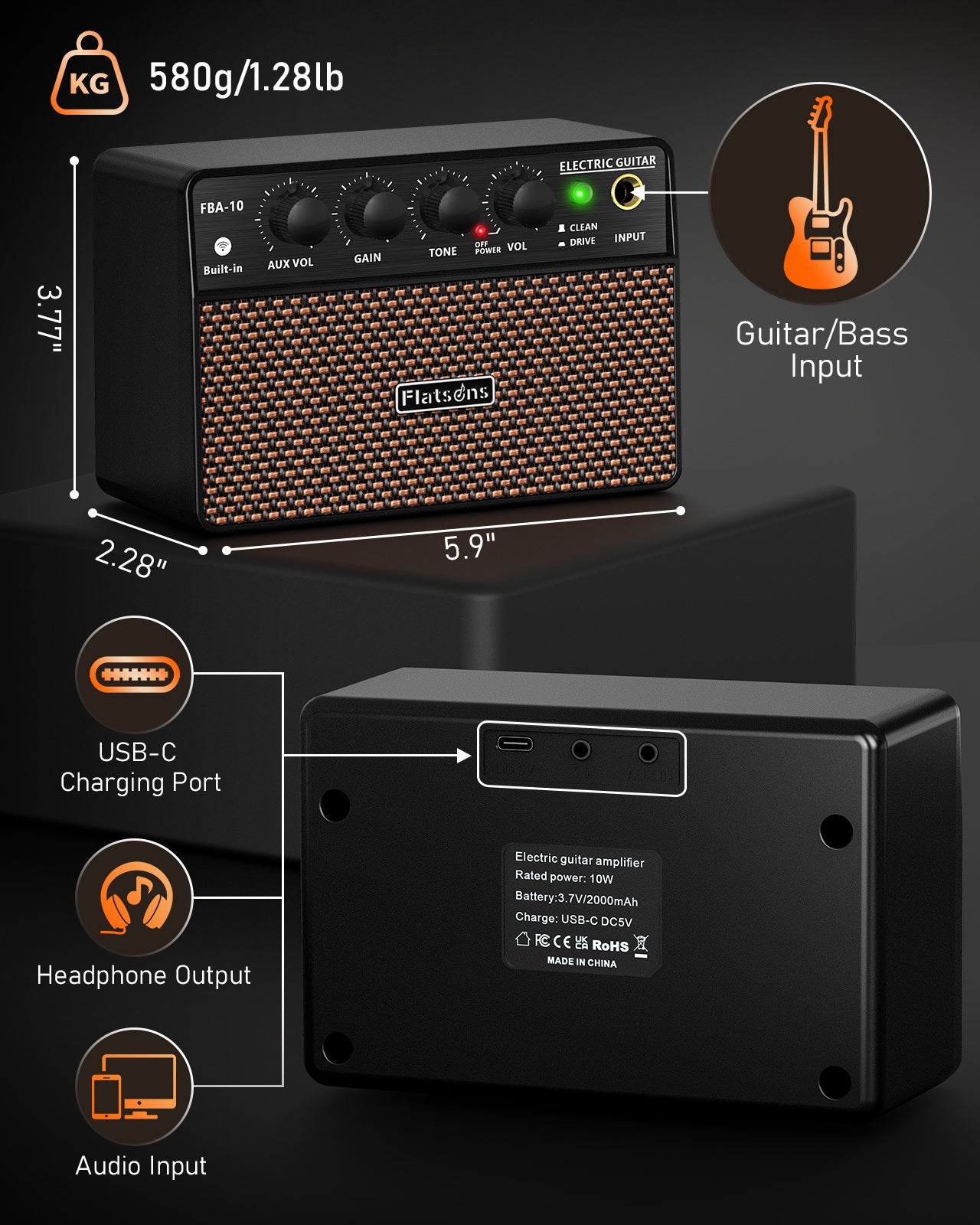 FBA-10 Guitar Amp, 10W Mini Electric Guitar Amplifier with Clean/Drive Channel, 6H Working, USB-C Rechargeable, 3.5mm Headphone/AUX Jack, Wireless Portable Amp for Indoor Practice, Small Gig