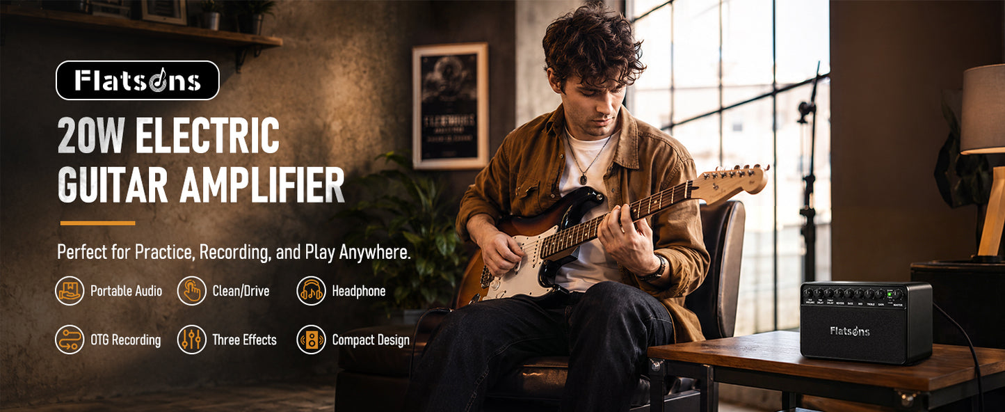 Flatsons FBA-20 Portable Electric Guitar Amp, 20W Rechargeable Desk Practice Guitar Combo Amplifier with Clean & Drive Channels, Delay Reverb EQ, OTG Recording, for Beginners, Home Use, Backyard Play
