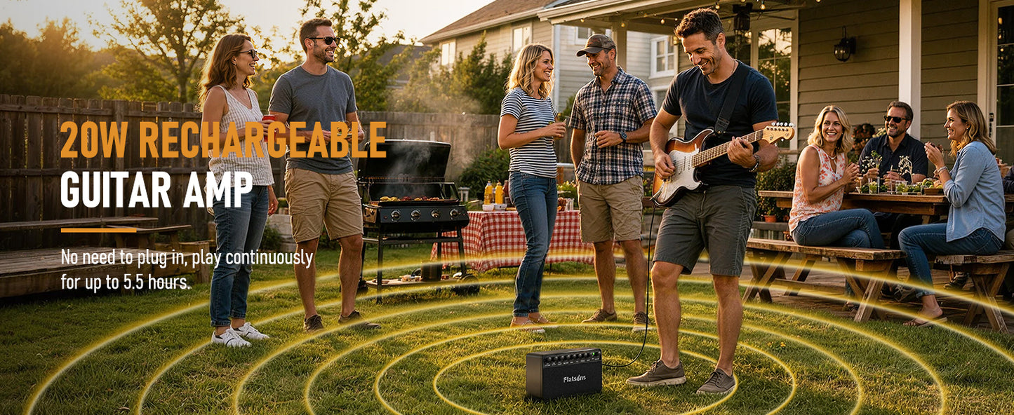 Flatsons FBA-20 Portable Electric Guitar Amp, 20W Rechargeable Desk Practice Guitar Combo Amplifier with Clean & Drive Channels, Delay Reverb EQ, OTG Recording, for Beginners, Home Use, Backyard Play