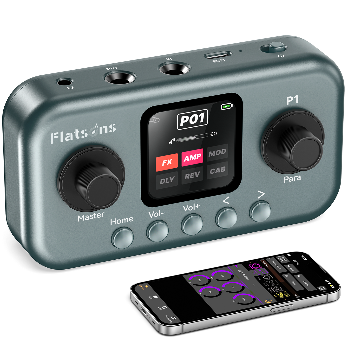 Flatsons P1 Portable Multi Effects Guitar Pedals, 80+ Effects & Amp Modeling, Rechargeable Multi Effects Processor for Electric Guitar, Wireless App Control, OTG Recording & IR Loading
