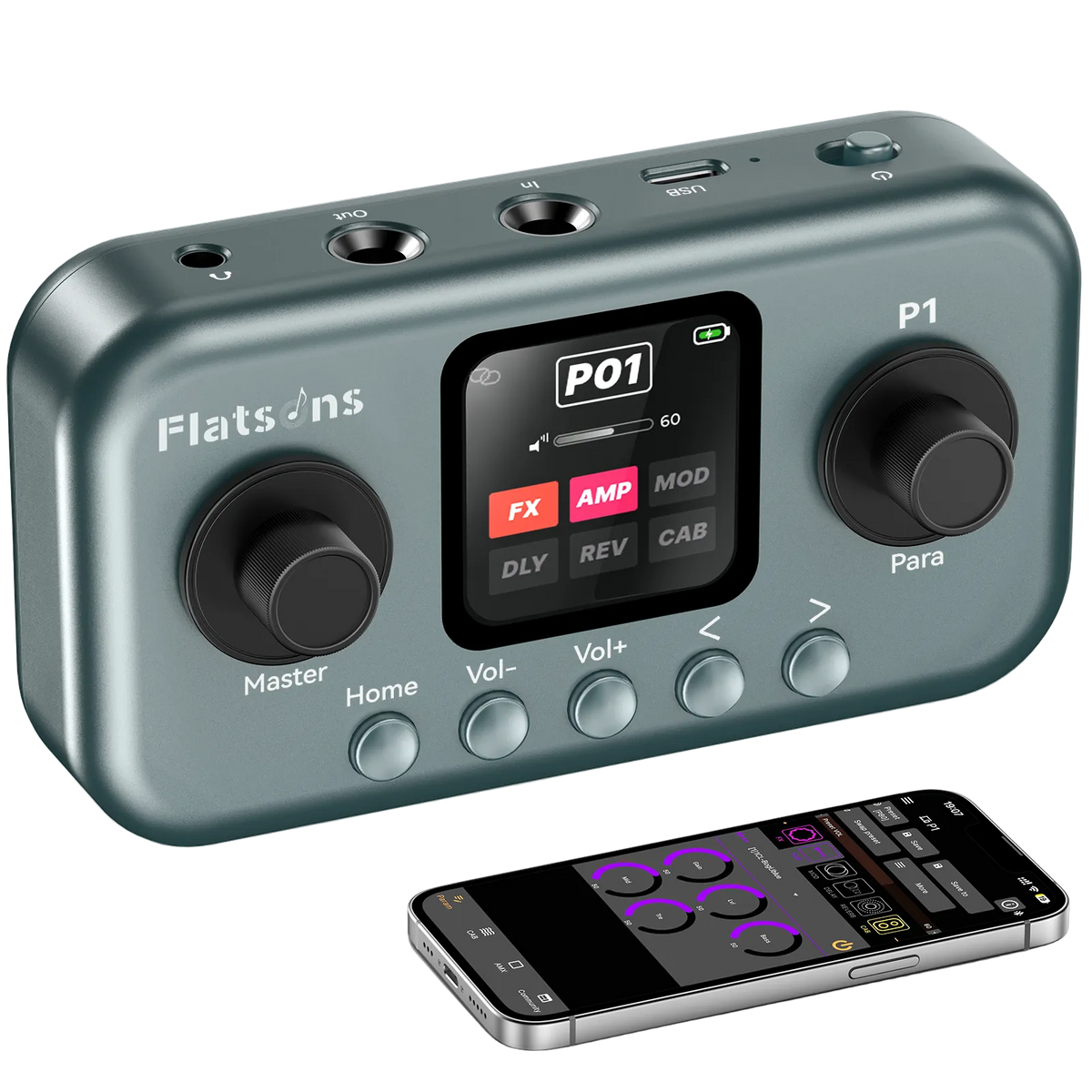 Flatsons P1 Portable Multi Effects Guitar Pedals, 80+ Effects & Amp Modeling, Rechargeable Multi Effects Processor for Electric Guitar, Wireless App Control, OTG Recording & IR Loading