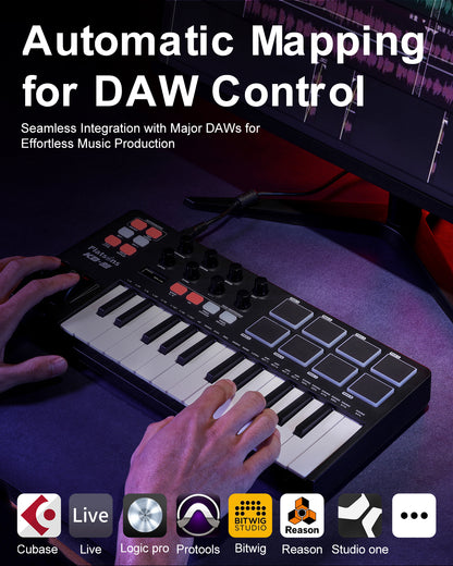 KB-25mini USB MIDI Keyboard Controller 25 Keys, Professional Music Production with Mod/Pitch Wheel, 8 Drum Pad, Arpeggiator, Portable Beat Maker for All Software (Licensed Cubase Included)
