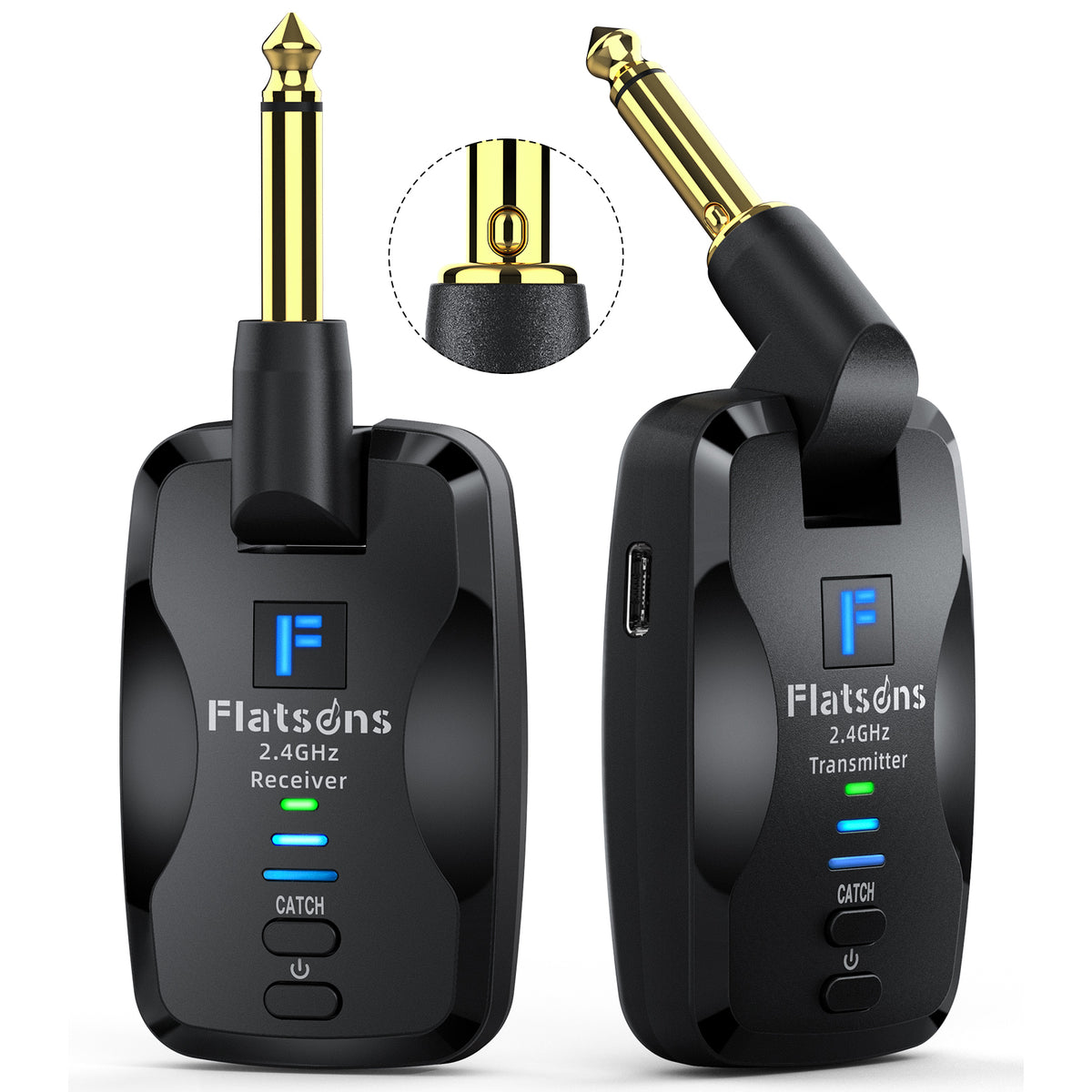 Flatsons FW2D Wireless Guitar System with Exclusive Silent Jack, 2.4GHz 6 Channels Wireless Audio Transmitter Receiver Rechargeable Type-C for Guitar, Bass, Ukulele, and Others
