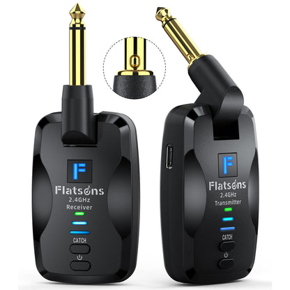 Flatsons FW2D Wireless Guitar System with Exclusive Silent Jack, 2.4GHz 6 Channels Wireless Audio Transmitter Receiver Rechargeable Type-C for Guitar, Bass, Ukulele, and Others