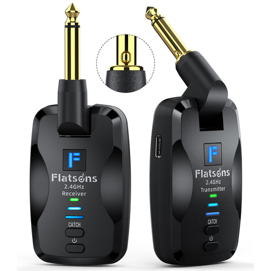 Flatsons FW2D Wireless Guitar System with Exclusive Silent Jack, 2.4GHz 6 Channels Wireless Audio Transmitter Receiver Rechargeable Type-C for Guitar, Bass, Ukulele, and Others