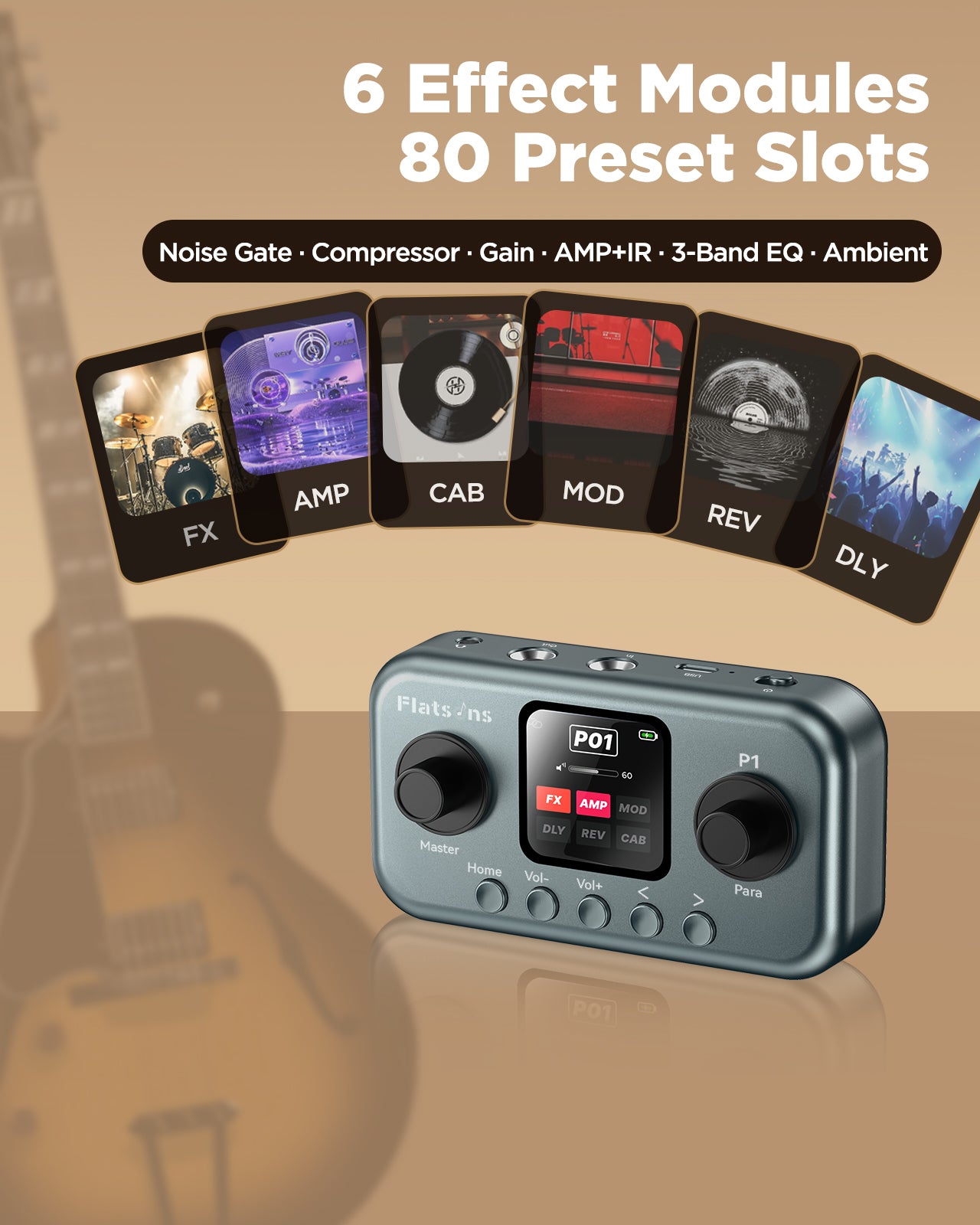 Flatsons P1 Portable Multi Effects Guitar Pedals, 80+ Effects & Amp Modeling, Rechargeable Multi Effects Processor for Electric Guitar, Wireless App Control, OTG Recording & IR Loading