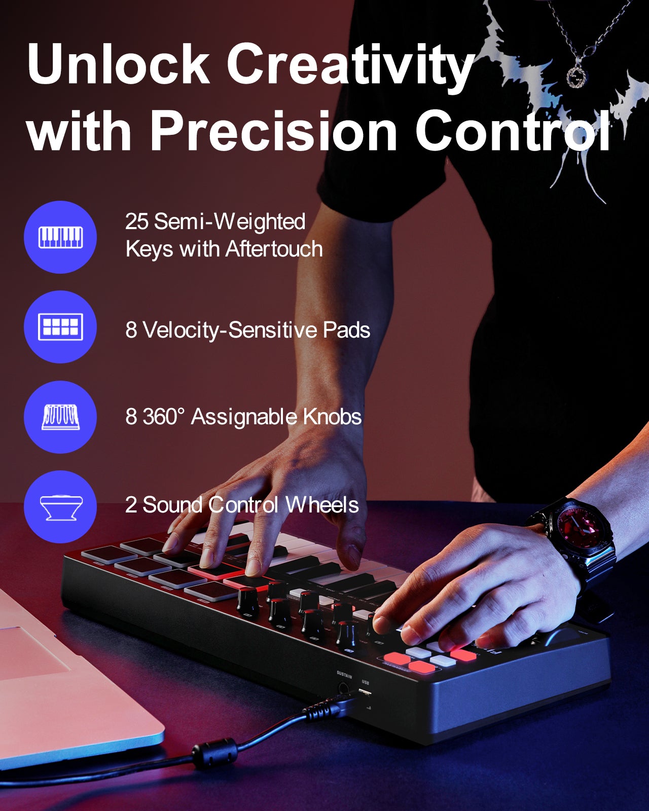 KB-25mini USB MIDI Keyboard Controller 25 Keys, Professional Music Production with Mod/Pitch Wheel, 8 Drum Pad, Arpeggiator, Portable Beat Maker for All Software (Licensed Cubase Included)