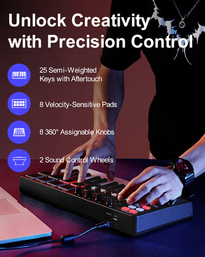 KB-25mini USB MIDI Keyboard Controller 25 Keys, Professional Music Production with Mod/Pitch Wheel, 8 Drum Pad, Arpeggiator, Portable Beat Maker for All Software (Licensed Cubase Included)