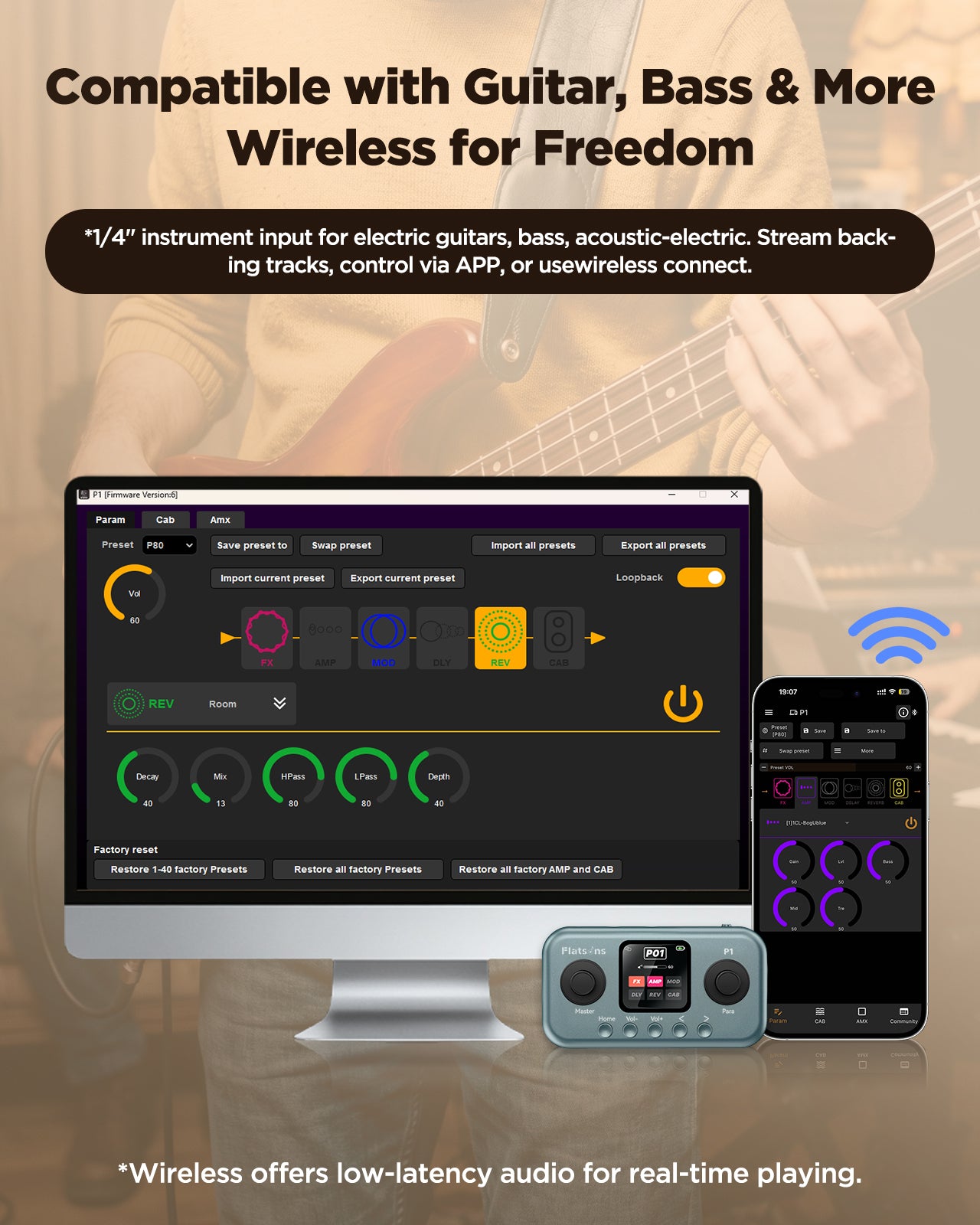 Flatsons P1 Portable Multi Effects Guitar Pedals, 80+ Effects & Amp Modeling, Rechargeable Multi Effects Processor for Electric Guitar, Wireless App Control, OTG Recording & IR Loading