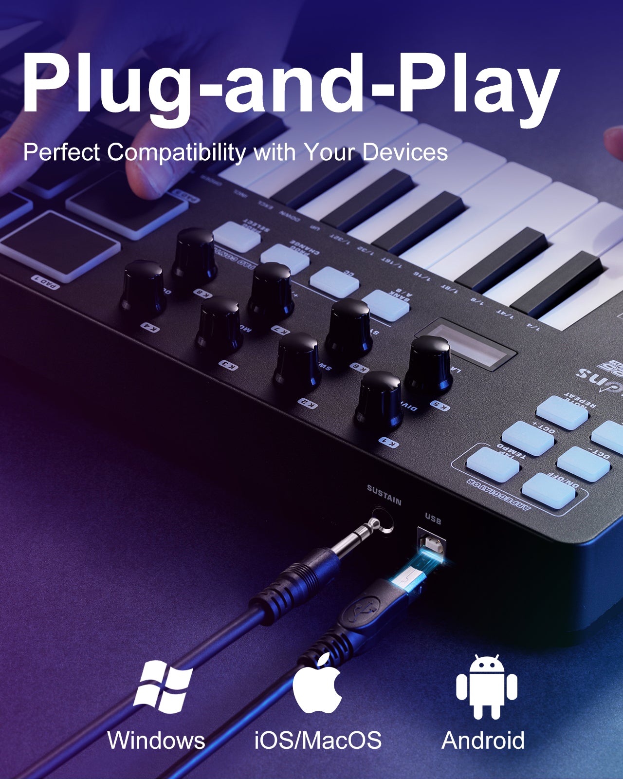 KB-25mini USB MIDI Keyboard Controller 25 Keys, Professional Music Production with Mod/Pitch Wheel, 8 Drum Pad, Arpeggiator, Portable Beat Maker for All Software (Licensed Cubase Included)