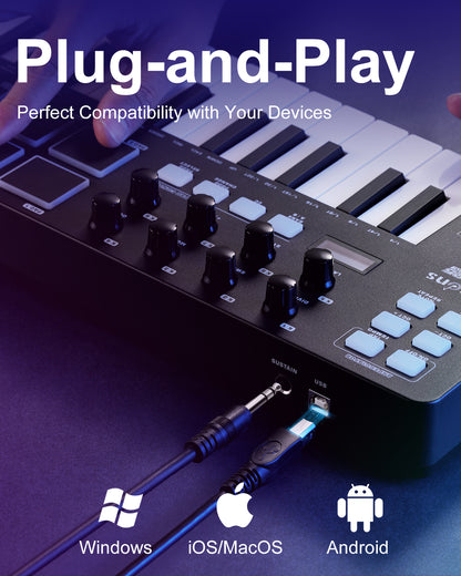 KB-25mini USB MIDI Keyboard Controller 25 Keys, Professional Music Production with Mod/Pitch Wheel, 8 Drum Pad, Arpeggiator, Portable Beat Maker for All Software (Licensed Cubase Included)