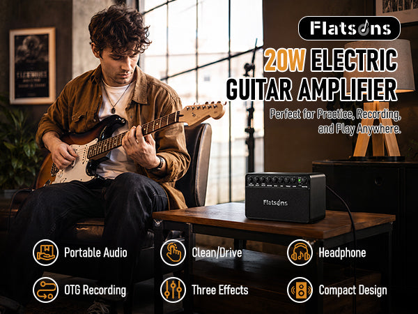 Flatsons FBA-20 Portable Electric Guitar Amp, 20W Rechargeable Desk Practice Guitar Combo Amplifier with Clean & Drive Channels, Delay Reverb EQ, OTG Recording, for Beginners, Home Use, Backyard Play