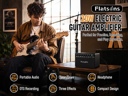 Flatsons FBA-20 Portable Electric Guitar Amp, 20W Rechargeable Desk Practice Guitar Combo Amplifier with Clean & Drive Channels, Delay Reverb EQ, OTG Recording, for Beginners, Home Use, Backyard Play