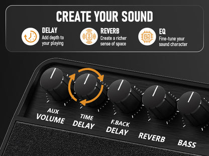 Flatsons FBA-20 Portable Electric Guitar Amp, 20W Rechargeable Desk Practice Guitar Combo Amplifier with Clean & Drive Channels, Delay Reverb EQ, OTG Recording, for Beginners, Home Use, Backyard Play