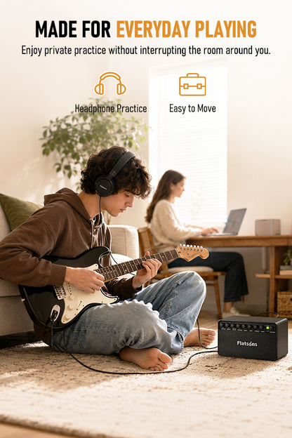 Flatsons FBA-20 Portable Electric Guitar Amp, 20W Rechargeable Desk Practice Guitar Combo Amplifier with Clean & Drive Channels, Delay Reverb EQ, OTG Recording, for Beginners, Home Use, Backyard Play