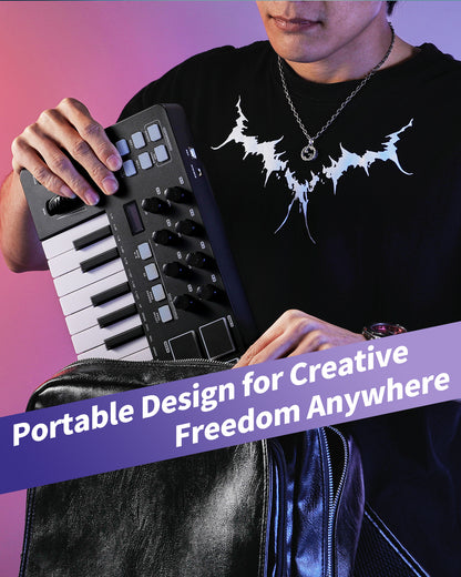 KB-25mini USB MIDI Keyboard Controller 25 Keys, Professional Music Production with Mod/Pitch Wheel, 8 Drum Pad, Arpeggiator, Portable Beat Maker for All Software (Licensed Cubase Included)