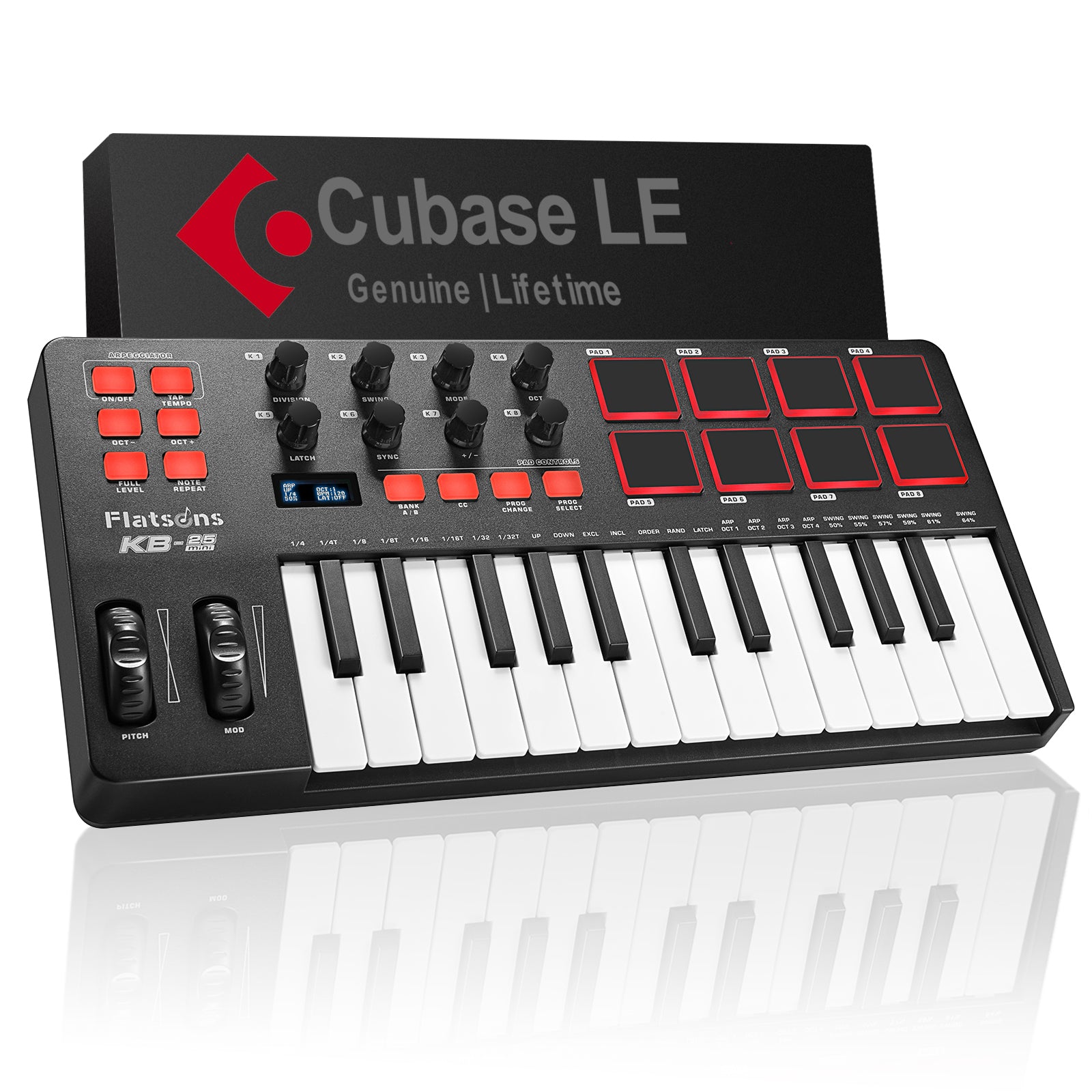 KB-25mini USB MIDI Keyboard Controller 25 Keys, Professional Music Production with Mod/Pitch Wheel, 8 Drum Pad, Arpeggiator, Portable Beat Maker for All Software (Licensed Cubase Included)