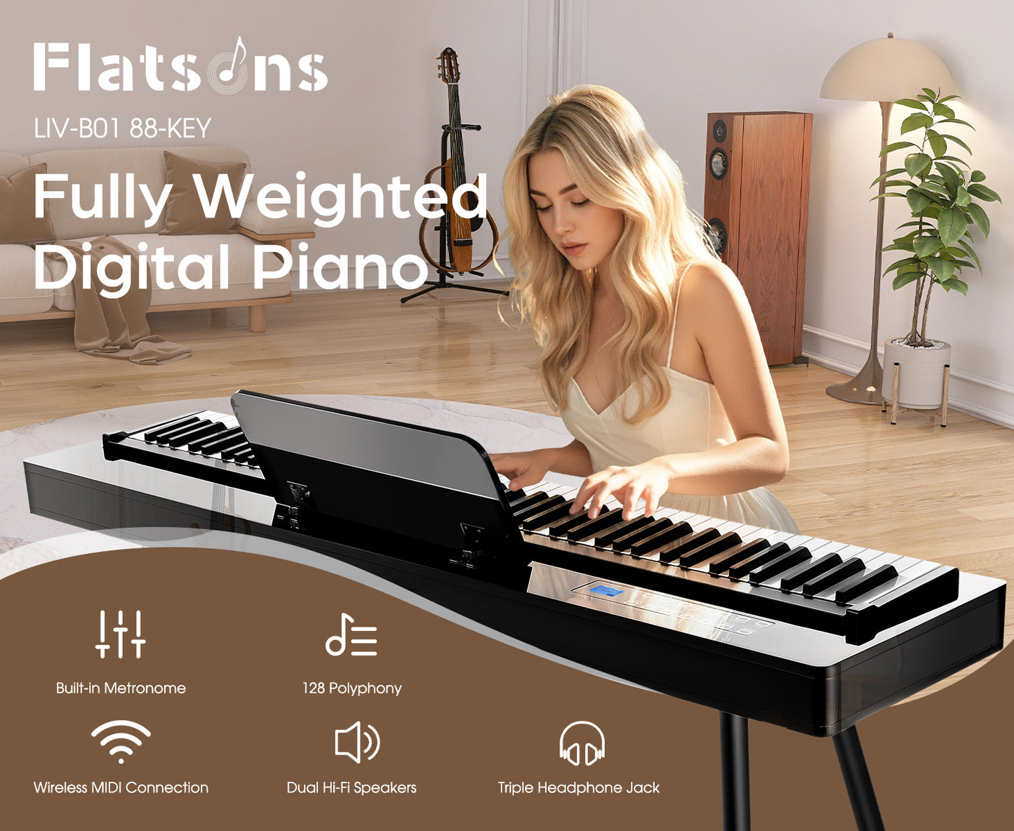 LIV-B01 Digital Piano Real Sampling, 88 Key Fully Weighted Keyboard Hammer Action, Sensitive Touch Electric Piano, USB-MIDI, Wooden Upright Piano for Adult, Beginner, Enthusiast (Black)