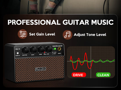 FBA-10 Guitar Amp, 10W Mini Electric Guitar Amplifier with Clean/Drive Channel, 6H Working, USB-C Rechargeable, 3.5mm Headphone/AUX Jack, Wireless Portable Amp for Indoor Practice, Small Gig