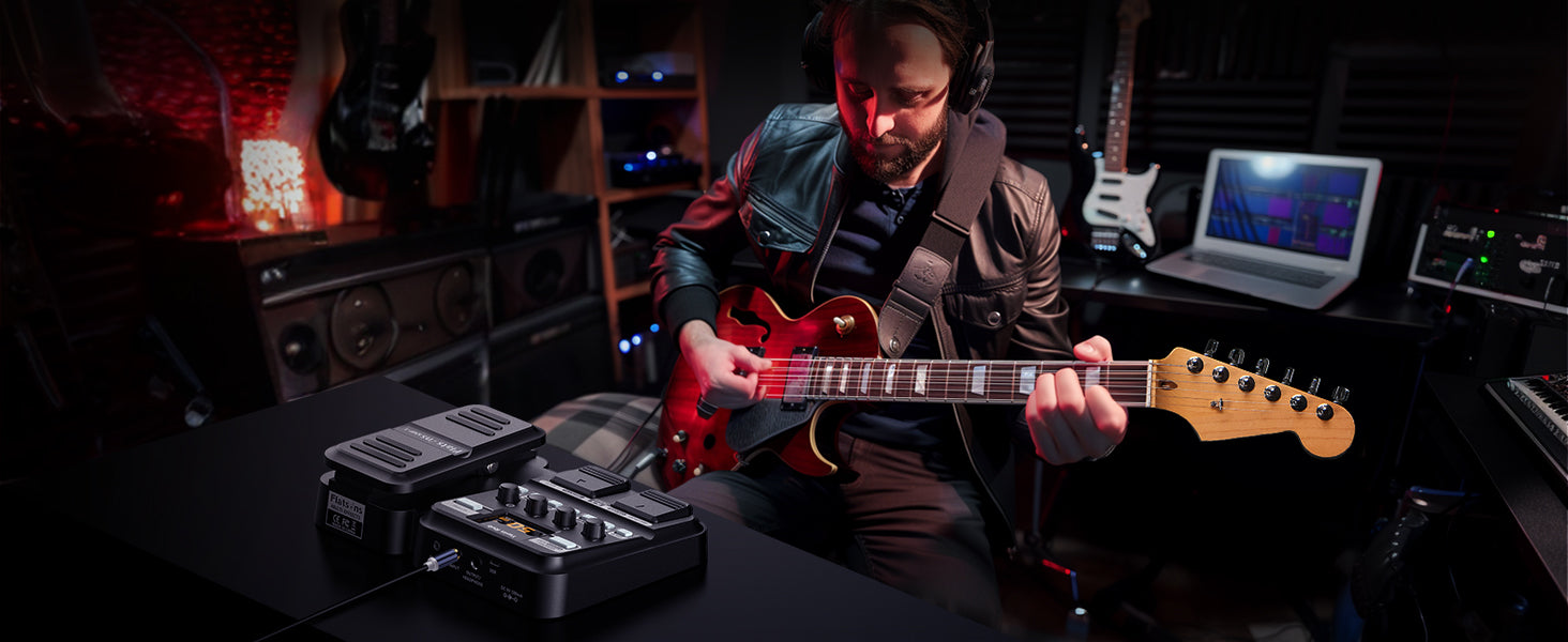 Guitarist using the Flatsons KMF-1 in a home studio