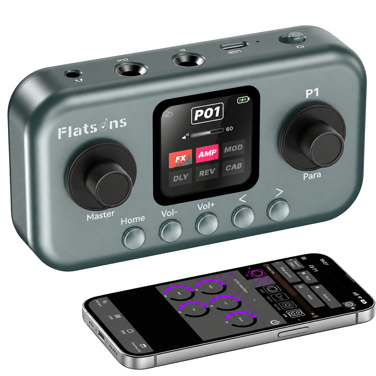 Flatsons P1 portable multi-effects guitar pedal and companion app